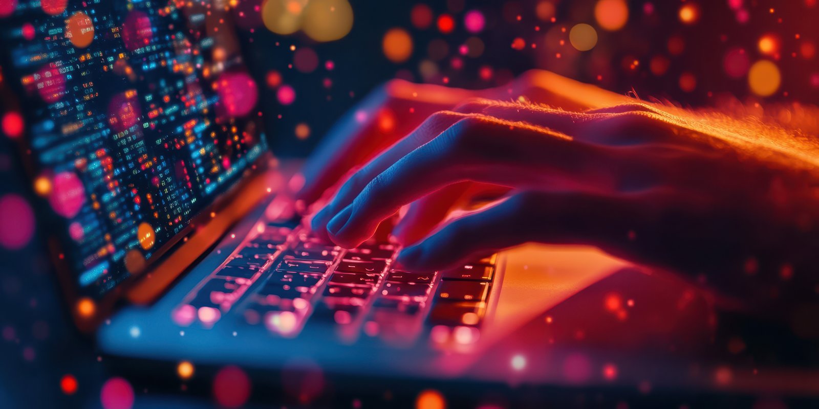 Hands typing on laptop keyboard in a vibrant atmosphere with colorful bokeh effects at night